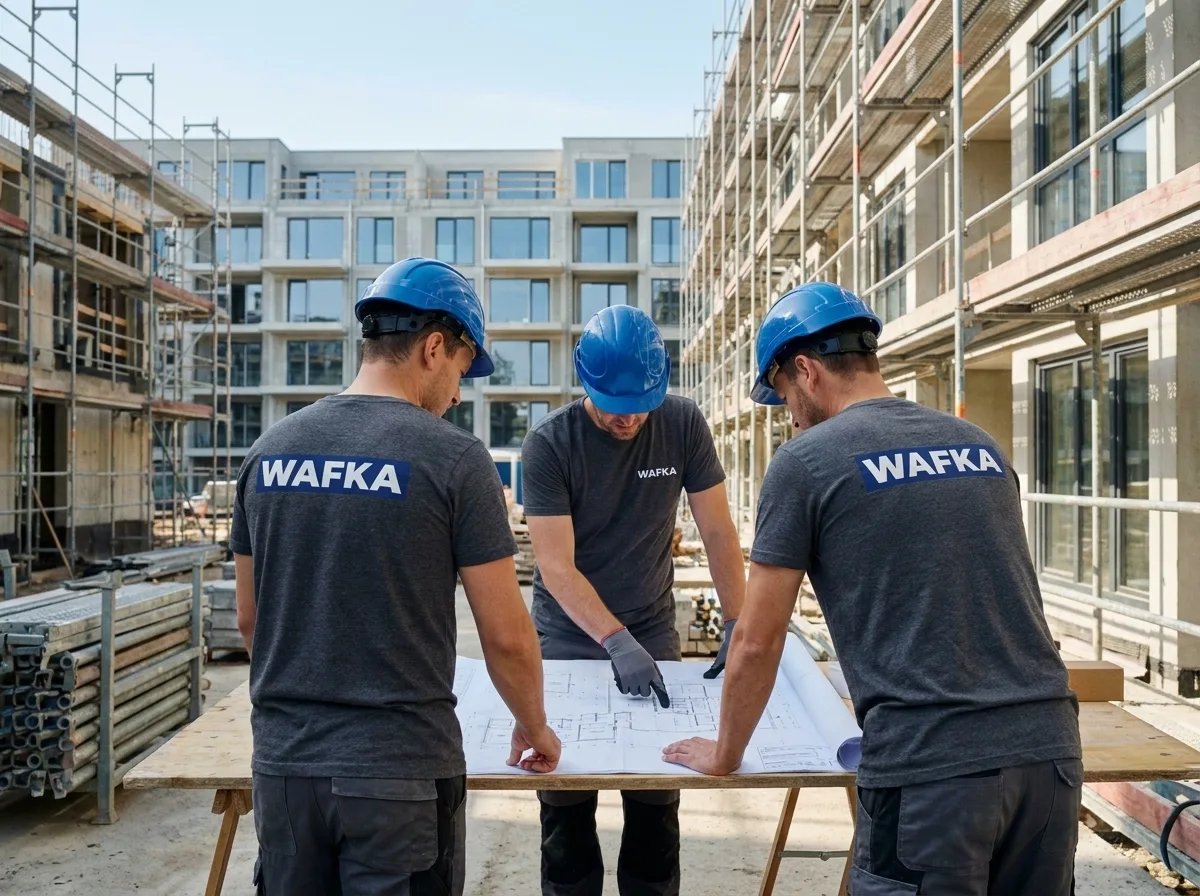 WAFKA Projektteam in Firmen-Shirts und blauen Helmen prüft Pläne vor Ort